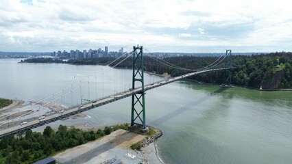 Aerial view of Lions Gate Bridge in Vancouver, British Columbia, Canada on a cloudy day
