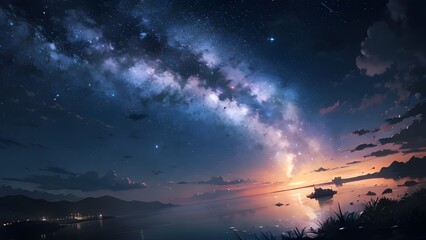 Fototapeta premium 宇宙の川が美しいアニメ調の風景イラスト