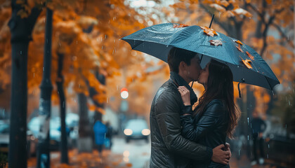 A couple kissing under an umbrella in the rain