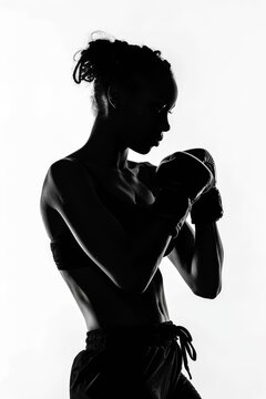 Silueta mujer boxeadora juegos ol&iacute;mpicos, p&oacute;ster minimalista deportista profesional de deporte de contacto, Luchadora antes de salir al ring, mujer boxeadora fondo blanco