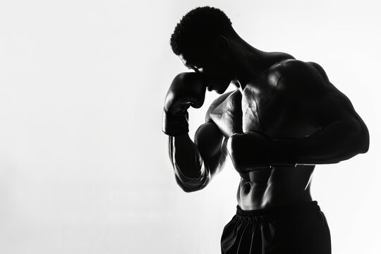 Silueta hombre boxeador juegos ol&iacute;mpicos, p&oacute;ster minimalista deportista profesional de deporte de contacto, Luchador antes de salir al ring, hombre boxeadora fondo blanco
