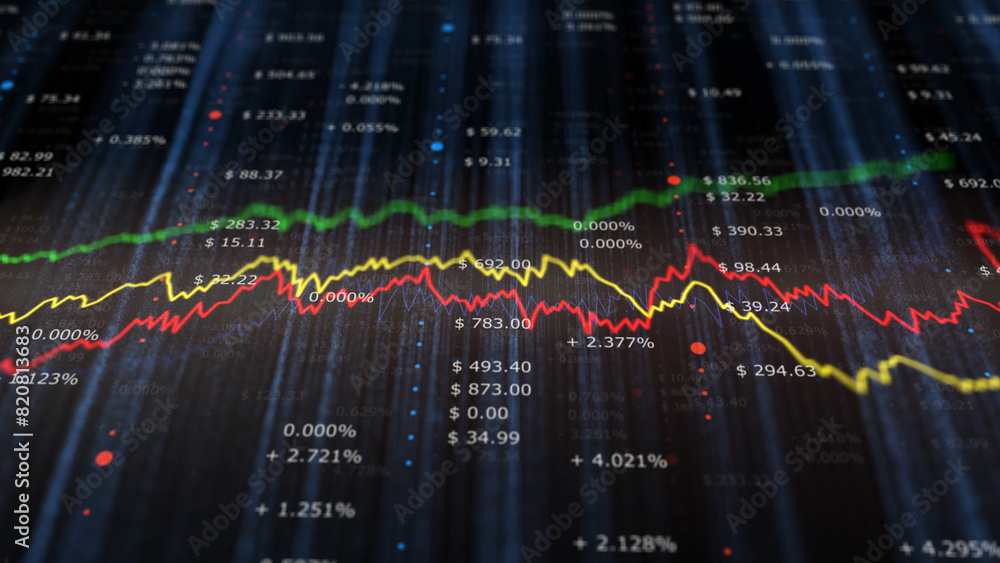 Poster modern dark blue business info graphics with colorful line graphs, index numbers background illustra