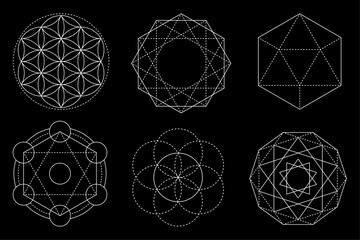Sacred geometry vector design elements. Alchemy, religion, philosophy, spirituality, hipster symbols and elements isolated on black background. Vector illustration