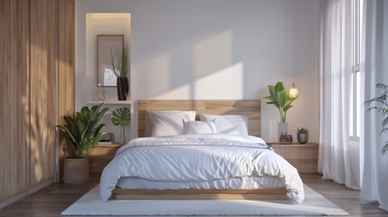 Interior of light bedroom with cozy bed and wooden cab