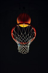 Poster minimalista baloncesto fondo negro, canasta de baloncesto fondo negro y pelota entrando en el aro, juegos olímpicos baloncesto 