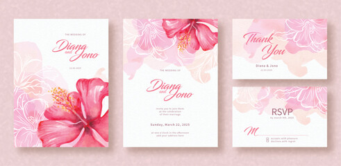 Painting of beautiful red flower illustration on wedding invitation background © Monica