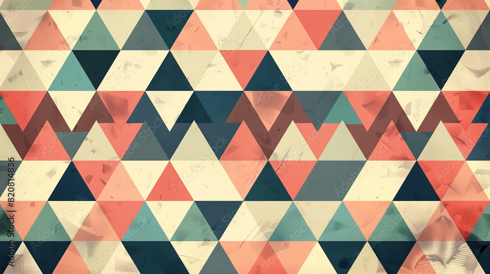 Poster a colorful abstract design with a lot of triangles and squares. the colors are mostly gray and pink
