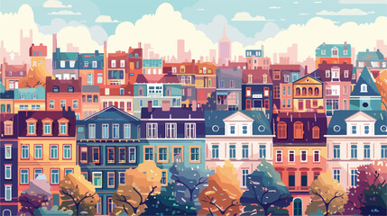 Horizontal seamless pattern with colorful cityscape