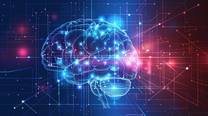Obraz premium A brain with a blue and orange glow surrounding it. The brain is surrounded by a lot of dots and lines, giving it a futuristic and technological appearance