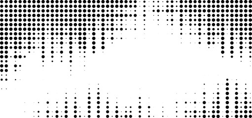 Halftone dots gradient background. Grunge halftone frame. White and black noise retro effect. Vector illustration