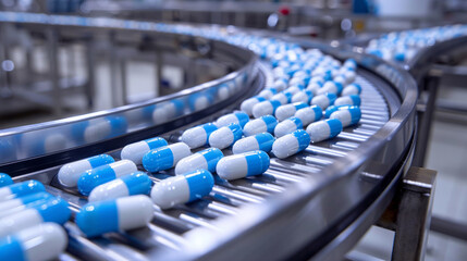 Fototapeta premium Pharmaceutical Pills on Modern Conveyor Belt in Factory