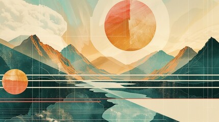 Art poster with futuristic natural landscape and geometric lines and shapes, for art prints designers