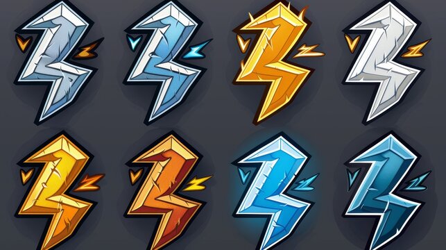 Symbols of power, energy, speed, and storm with electric bolt symbol with silver, gold, wooden, and stone textures, modern cartoon set.