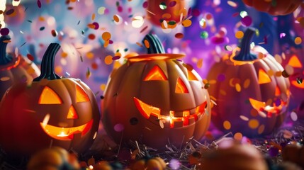 Festive Halloween Pumpkin Lanterns Amidst Colorful Confetti