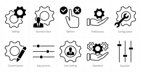 A set of 10 settings and configuration icons as setting, business gear, options