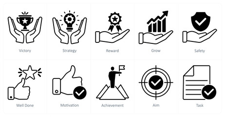 A set of 10 success icons as victory, strategy, reward