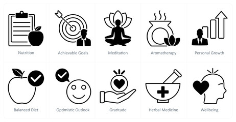 A set of 10 wellness icons as nutrition, achievable goals, meditation