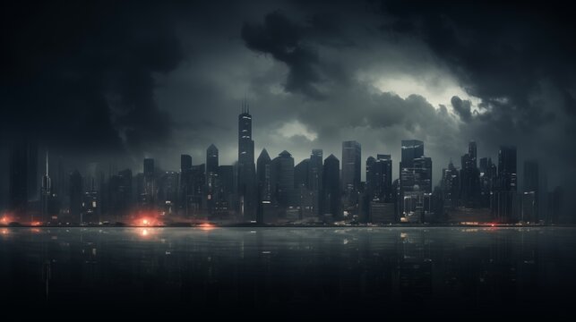 A moody, dark cityscape with a dramatic skyline at night, featuring towering buildings and a stormy sky reflecting on the calm urban water.