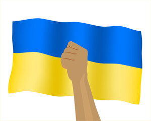 Stop war between Russia and Ukraine. Сlenched fist on the background of the flag of Ukraine. Solidarity with Ukraine. Pray for Ukraine. Vector illustration, eps 10