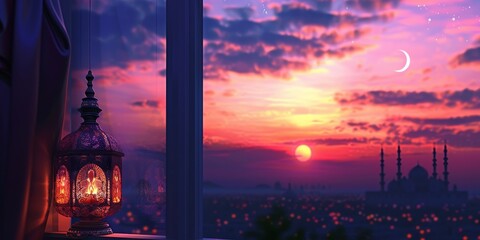 Fototapeta premium Ramadan Kareem lamp stands on the windows with landscape silhouette of a mosque. Ai generative