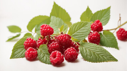 A branch of red raspberries with green leaves on a white surface.