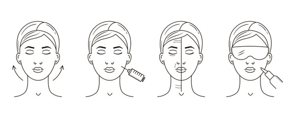 Cosmetology procedures of face massage, injections, lifting and laser acne treatment. Set of outline vector illustrations. Beauty clinic icons. Professional skincare concept.
