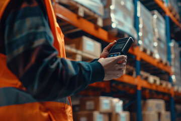 warehouse worker's hands scanning and checking inventory with a barcode scanner in a warehouse