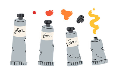 Paint tubes of different colors. Bright acrylic, watercolor or oil dye. Drawing materials. Art stationery. School supplies for painting. Flat isolated vector illustration on white background