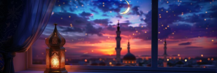 Muslim Holy Month Ramadan Kareem. Arabic Lantern With Burning Candle. Ai generative