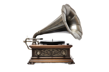 Harmonic Fusion: Vintage Record Player With Jazzy Vinyl on a White or Clear Surface PNG Transparent Background.