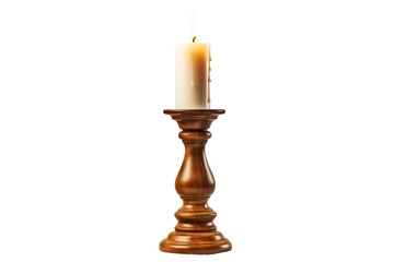 Illuminated Serenity: A Wooden Candle Holder Alight on a White or Clear Surface PNG Transparent Background.