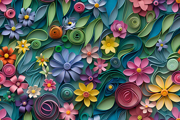 floral curls and rolls from colored strips of paper quilling paper is an art hobby abstract background from paper filigree strips floral pattern from quilling paper stripes AI