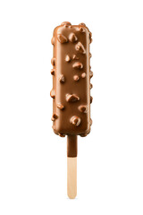 Delicious chocolate-covered ice cream bar with crunchy nuts in studio lighting isolated. Transparent PNG image.