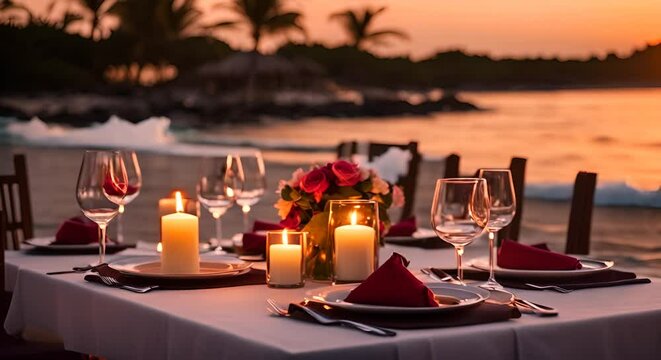 Restaurant table on a tropical beach. Romantic dinner. Honeymoon.