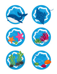 World Ocean Day summer sea travel icons with whale, algae, fish, coral, sea urchin and starfish