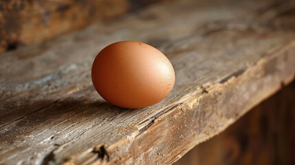 A single brown egg balanced delicately on the edge of a wooden table.