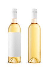 Two clear white wine bottles with blank paper label and clean isolated. Transparent PNG image.