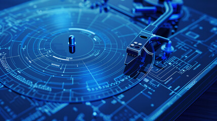 Fototapeta premium High-tech blueprint of a turntable, featuring illuminated components and detailed design