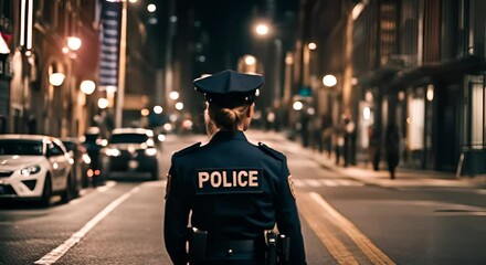 Back view of a policewoman in the city.