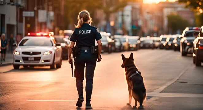 Back view of a policewoman with a police dog.