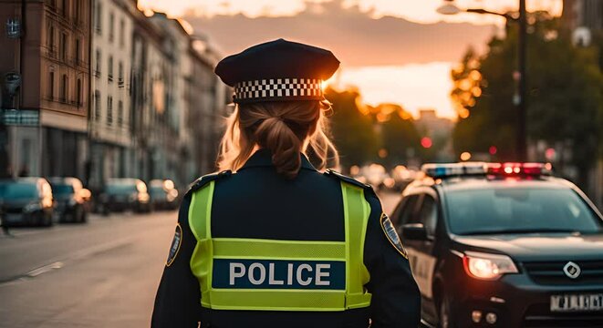 Back view of a policewoman in the city.