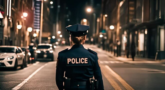 Back view of a policewoman in the city.