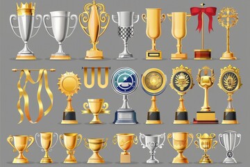 A collection of trophies and awards on a gray background. Perfect for recognizing achievements in various fields