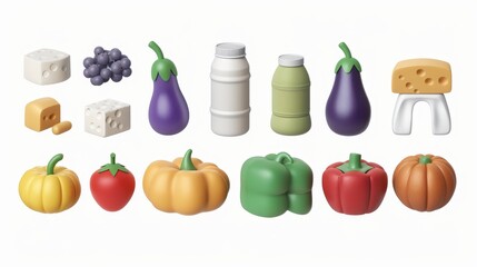 A 3D food vegetable icon for a farm game illustration. Isolated grocery supermarket elements include milk cans, cheese, peppers, eggplant and pumpkins.