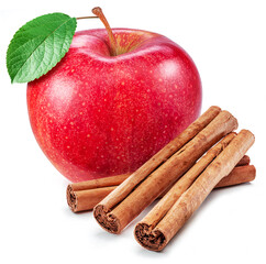 Red apple and cinnamon sticks isolated on white background.