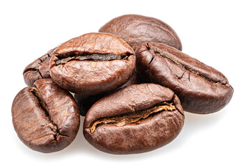 Roasted coffee beans isolated on white background.