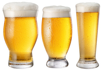 Three diferrent glasses of light chilled beer on white background. Clipping paths.