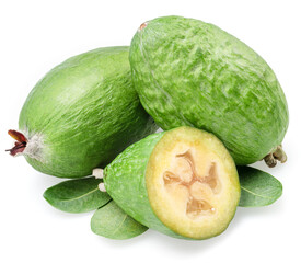 Feijoa fruits with leaf and slice of feijoa isolated on white background.
