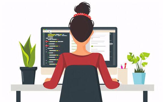 Digital Illustration of a Woman Programmer Working on Code at a Computer