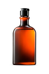 Hair shampoo in the blank amber brown plastic bottle with black cap isolated. Transparent PNG image.